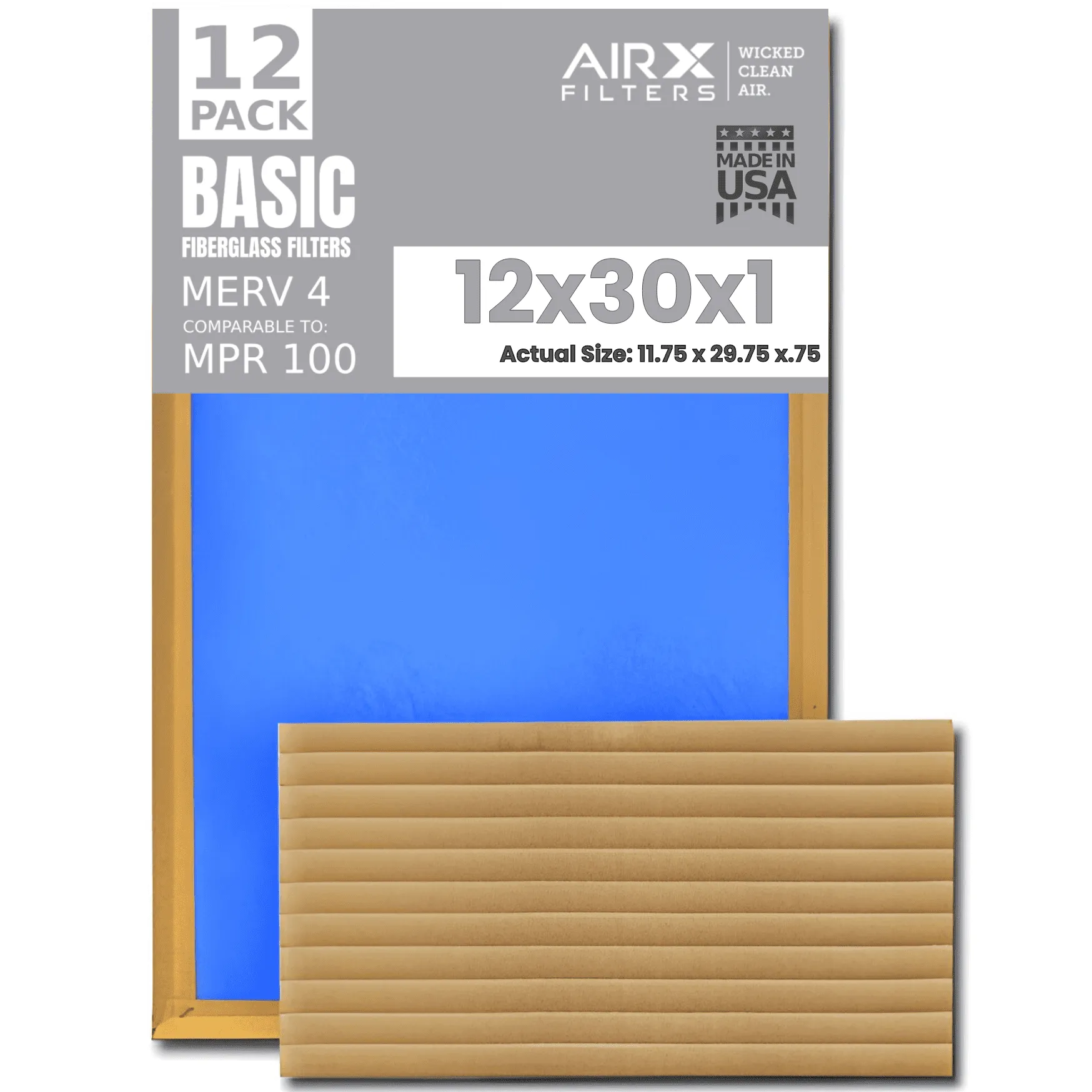 12x30x1 Air Filter Comparable to MPR 100 Basic Economy Furnace Filters, 12 Pack of Non Pleated Fiberglass Filter For Dust - Low Airflow Restriction! From AIRX FILTERS WICKED CLEAN AIR.