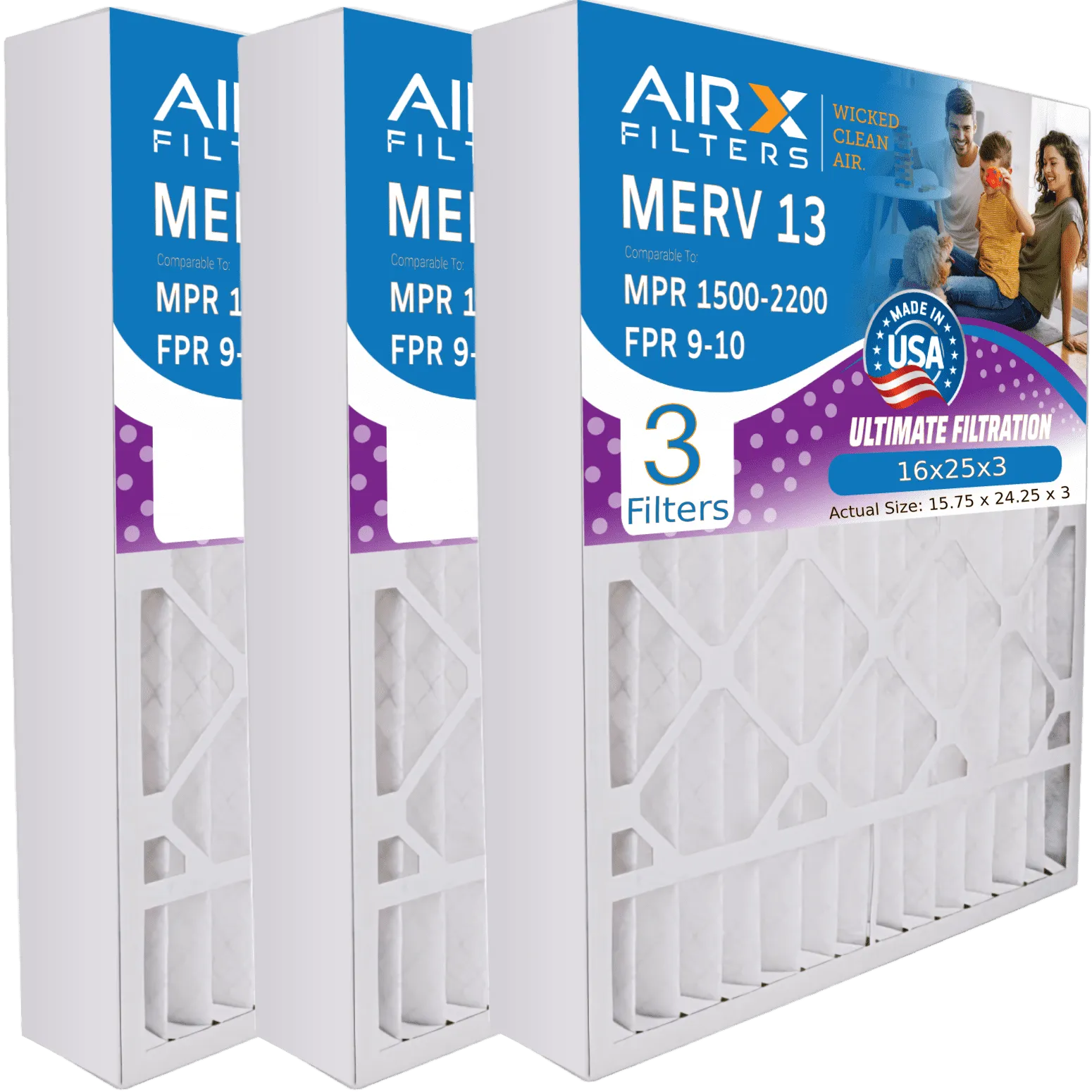 16x25x3 Air Filter MERV 13 Comparable to MPR 1500 - 2200 & FPR 9 Compatible with Air Bear 255649-101 Premium USA Made 16x25x3 Furnace Filter 3 Pack by AIRX FILTERS WICKED CLEAN AIR.