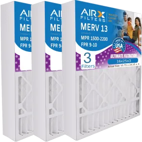 16x25x3 Air Filter MERV 13 Comparable to MPR 1500 - 2200 & FPR 9 Compatible with Air Bear 255649-101 Premium USA Made 16x25x3 Furnace Filter 3 Pack by AIRX FILTERS WICKED CLEAN AIR.