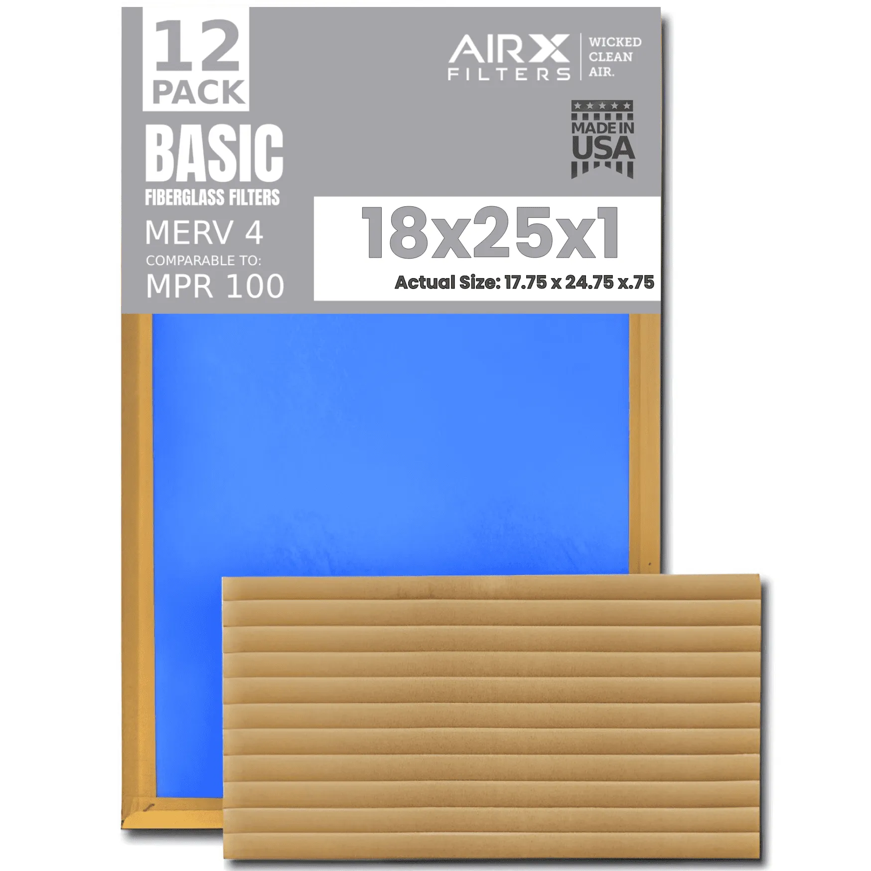 18x25x1 Air Filter Comparable to MPR 100 Basic Economy Furnace Filters, 12 Pack of Non Pleated Fiberglass Filter For Dust - Low Airflow Restriction! From AIRX FILTERS WICKED CLEAN AIR.