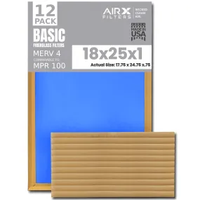 18x25x1 Air Filter Comparable to MPR 100 Basic Economy Furnace Filters, 12 Pack of Non Pleated Fiberglass Filter For Dust - Low Airflow Restriction! From AIRX FILTERS WICKED CLEAN AIR.