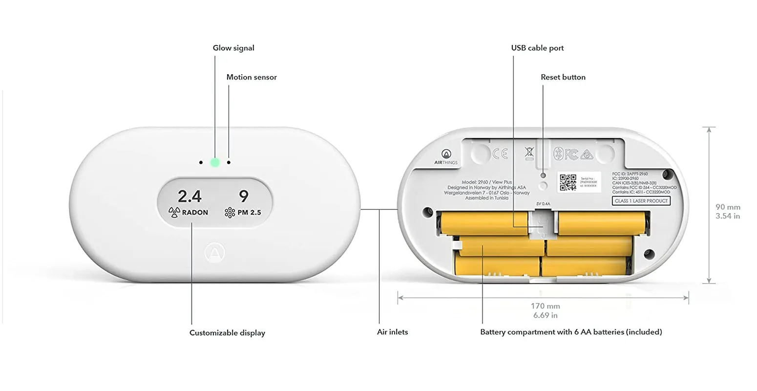 Airthings 2960 View plus - Battery Powered Radon & Air Quality Monitor (PM, CO2, VOC, Humidity, Temp, Pressure)