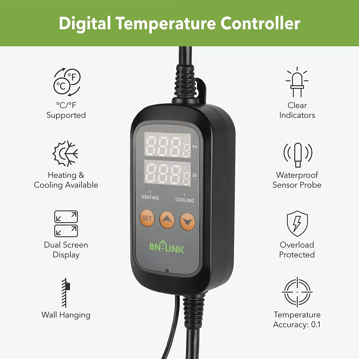 Digital Thermostat Controller Plug Heating Cooling 2-Stage Outlet BN-LINK